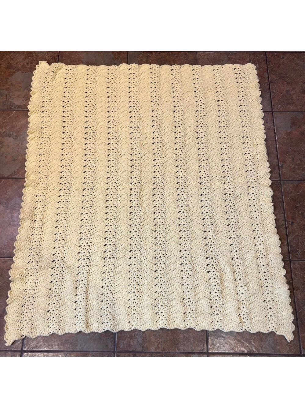Hand Crocheted Baby Blanket Scalloped Butter Yellow Soft 43x48